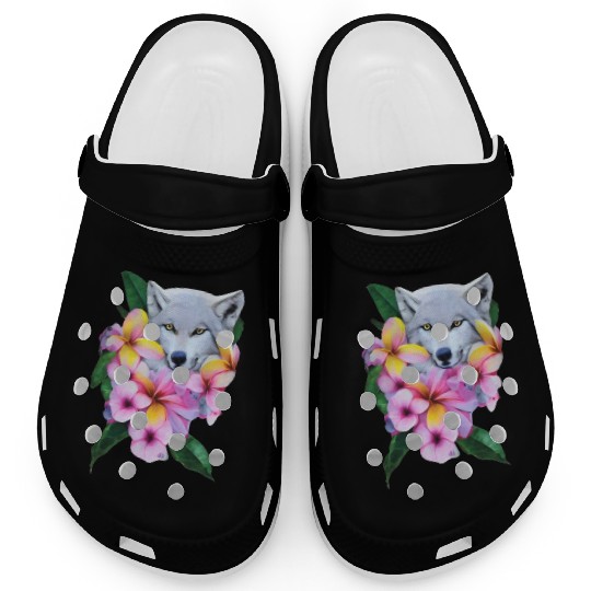 wolf with flowers girls Clogs