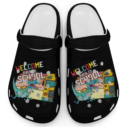 Funny T-Rex Running to School Bus Welcome Back to Clogs