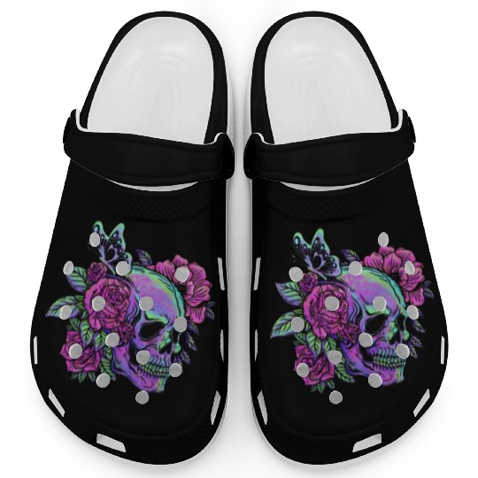 Skeleton Clogs, Neon Skull Roses Gothic Skeleton