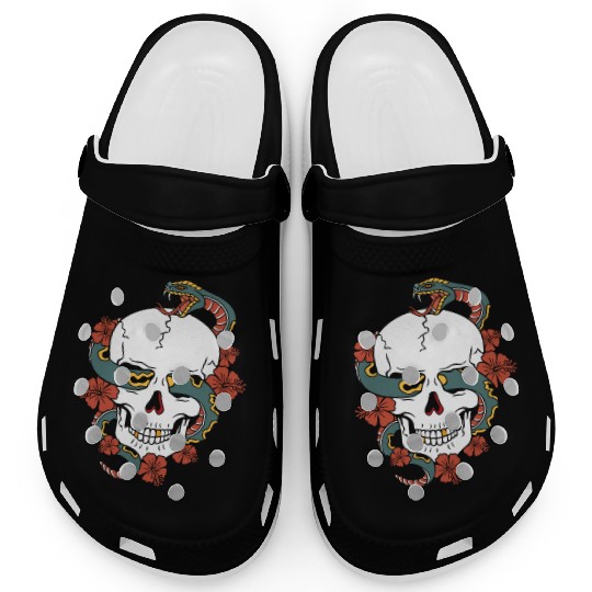 Human skull, snake and hibiscus flower. Clogs
