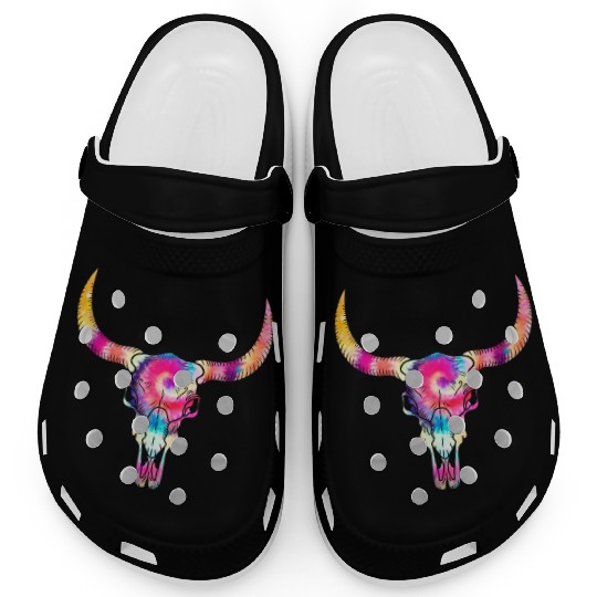 Cow Clogs, Cow Skull Tie Dye Watercolor Clogs, Cow