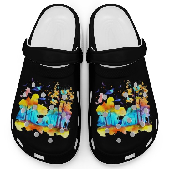 Serenity in Flight: Watercolor Birds over Forest Clogs