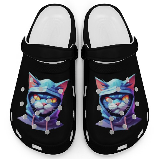 Bold Pastel Prowler: Ninja Cat's Sublime Ferocity Clogs