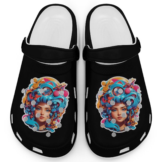 Psychedelic girl with multi color hair. futuristic Clogs
