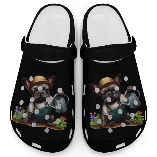 Frenchie Playing in the Garden Clogs
