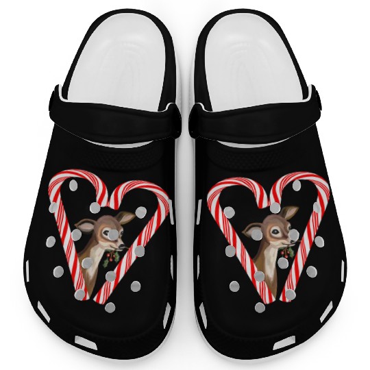 Baby Deer Peeking from Candy Cane Heart Clogs