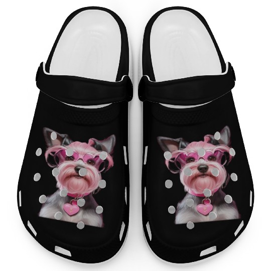 Schnauzer Wearing Pink Locking Heart Clogs