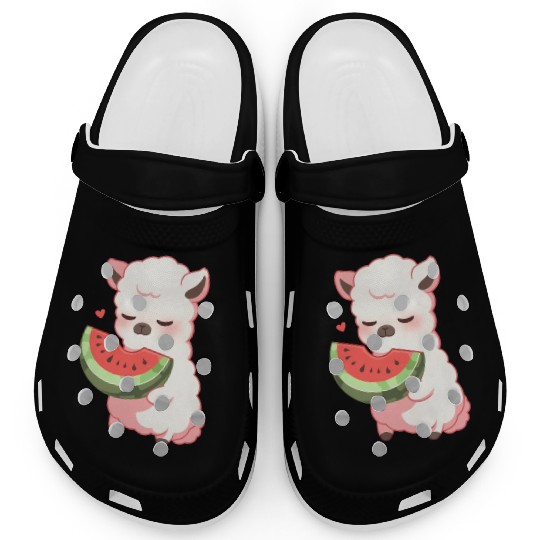 Adorable Kawaii Llama Savoring Sweet Watermelon Clogs