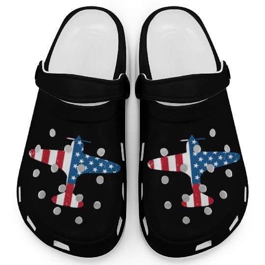 Plane Aircraft USA Flag Veteran Pilot Gift Clogs