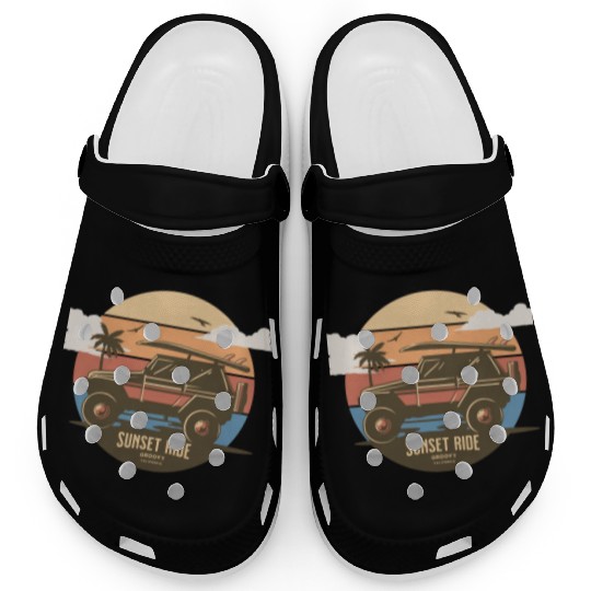 Sunset Ride - Beach Jeep - Groovy California T-Shi Clogs