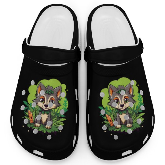 Digital Art Wolf Puppy Wearing Blue Wig Sitting Clogs