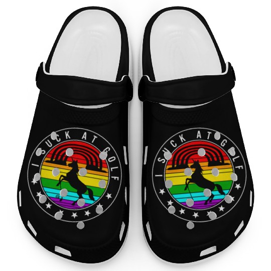 Golf Clogs, I Suck At Golf Unicorn Rainbow Retro