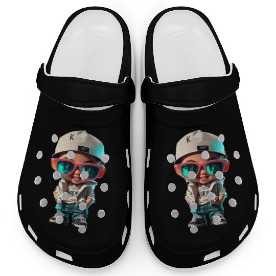 The boy poses in stylish clothes hip hop Clogs