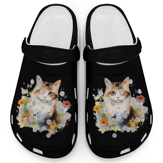 Watercolor Cat Flowers & Butterflies Clogs