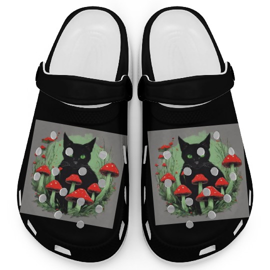 Black Cat and Wild Red Mushrooms Clogs