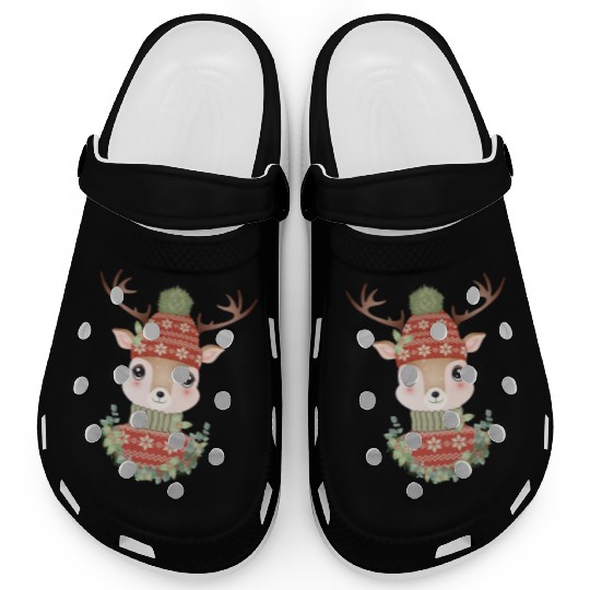 cute deer with sweater and Christmas wreath Clogs