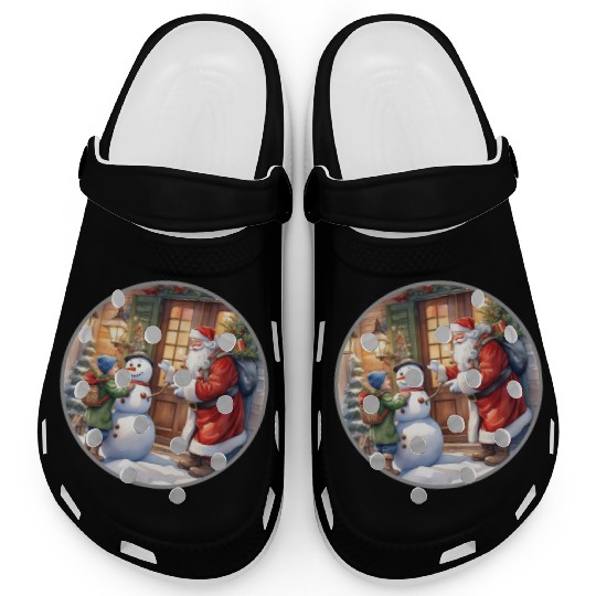 Santa Claus and a snowman distributes gifts. Clogs