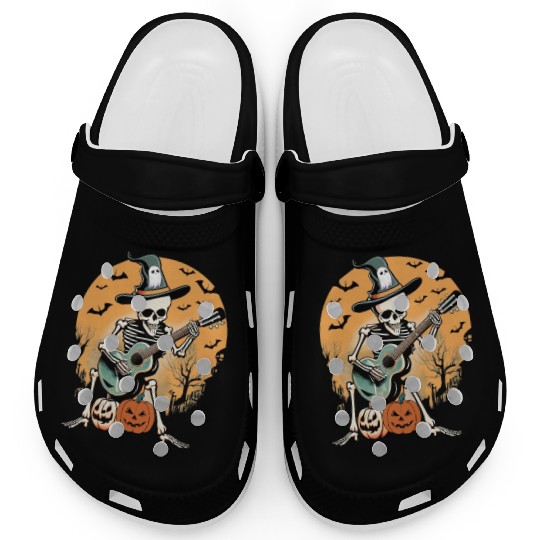 Spooky Serenade: Halloween Skeleton Playing Guitar Clogs