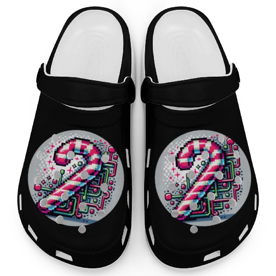 Neon Cyberpunk Candy Cane 8-Bit Pixel Christmas Clogs