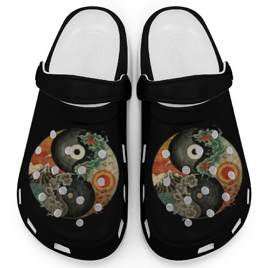 Yin and Yang shaped logo Japanese ink painting Clogs