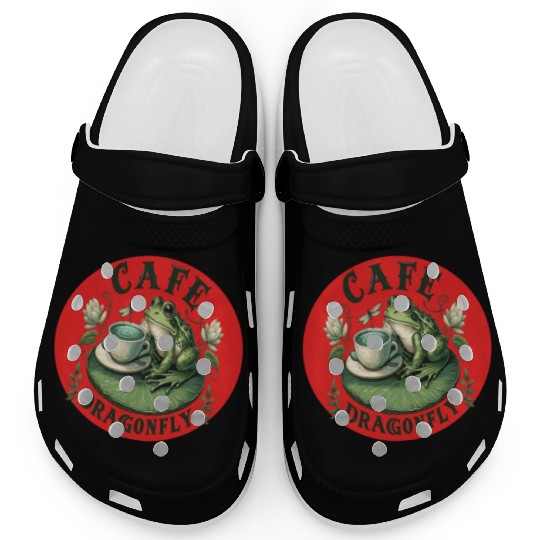 Cafe Dragonfly: Whimsical Serene Frog on Lily Pad Clogs