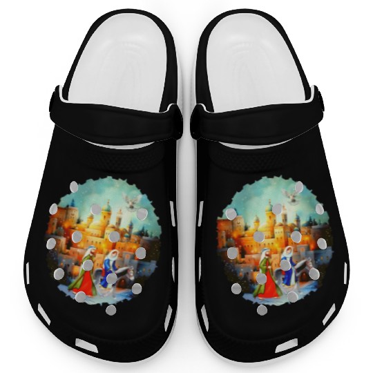 Mary and Joseph in Bethlehem with donkey Clogs