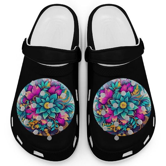 Botanical Neon Floral Circle Design Clogs