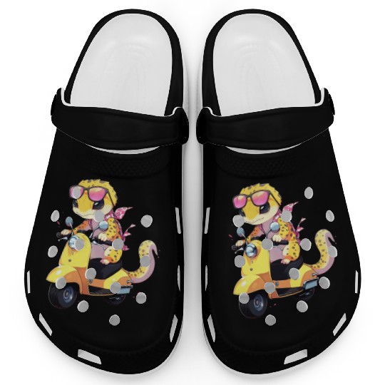 Leopard Gecko on Scooter Funny Lizard Biker Moped Clogs