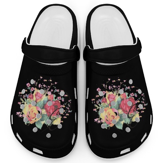 Letter E Monogram Floral Roses Heart Clogs