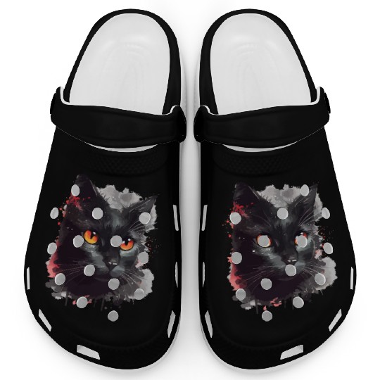 Black Cat Japanese Watercolor Mystery Gaze Clogs