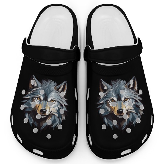 Majestic Wolf Face Illustration Clogs