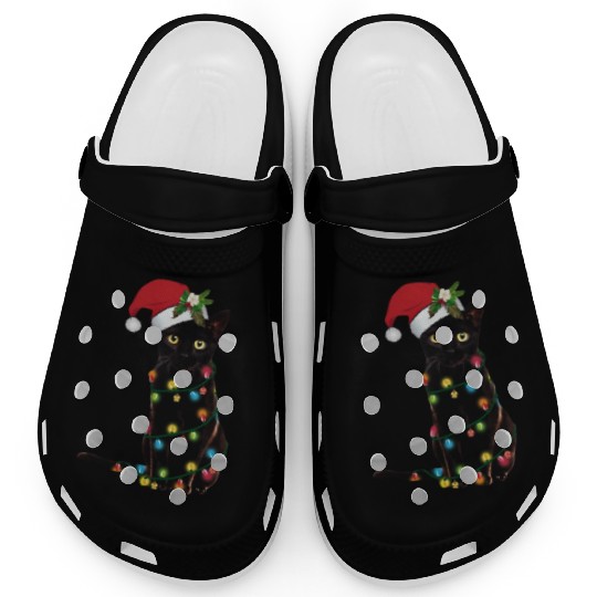 Santa Black Cat Tangled Sup In Christmas Clogs