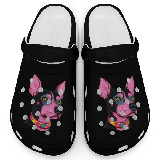 black and pink dog with yellow eyes Punk Rock Clogs