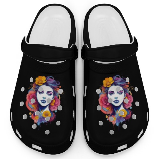 Stylish, bright art. Girl with flowers in her hair Clogs