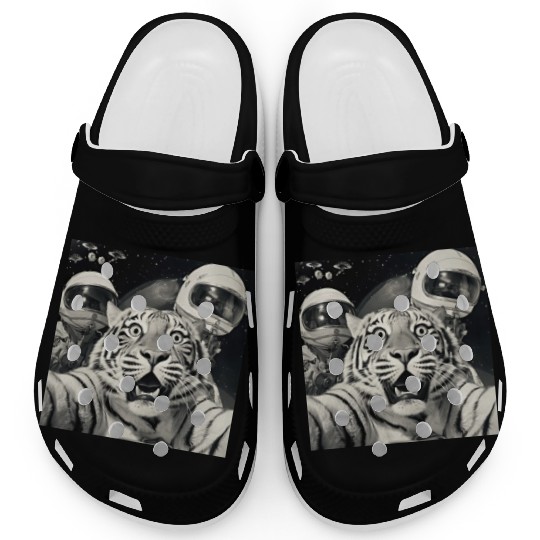 Funny Graphic Clogs Tiger Selfie with Alien UFOs