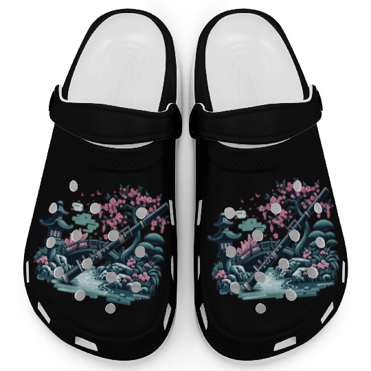 Shakuhachi in the Japanese garden Clogs