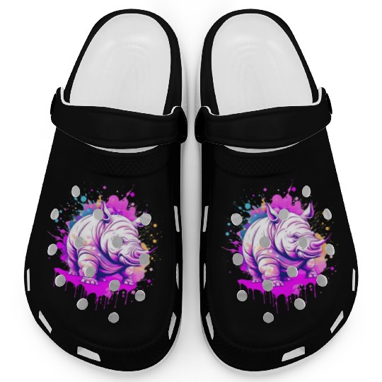 a rhino with paint splatters on it's face Clogs