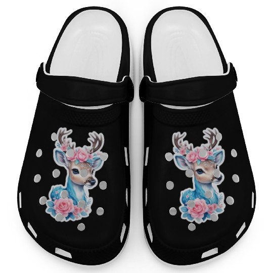 cute deer blue blossom pink rose Clogs