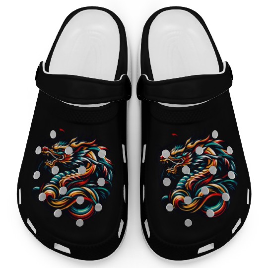 Colorful Chinese Dragon Artwork and Tribal Design Clogs