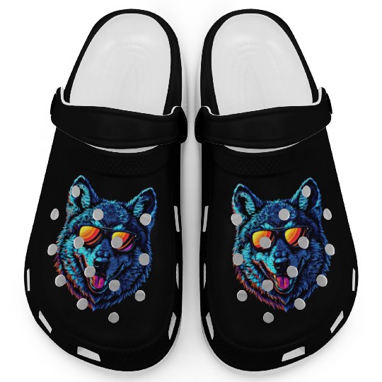 Cool Wolf Face Blue Wolf Wearing Sunglasses Clogs