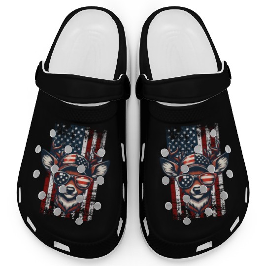 American Flag with Deer Wearing Sunglass Clogs