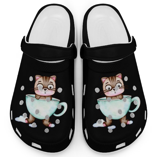 Surprised Silly Cat Wearing Coffee Cup Clogs