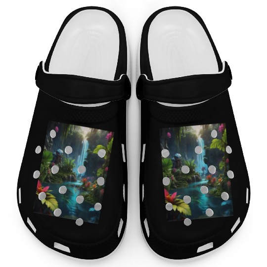 alien jungle with a lagoon and waterfall Clogs