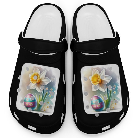 A Beautiful Daffodil With an Easter Egg Clogs