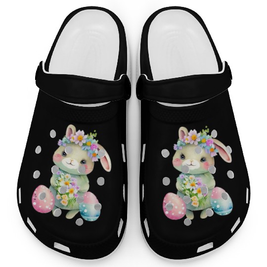 Cute Easter Bunny with Flowers. Watercolor Clogs