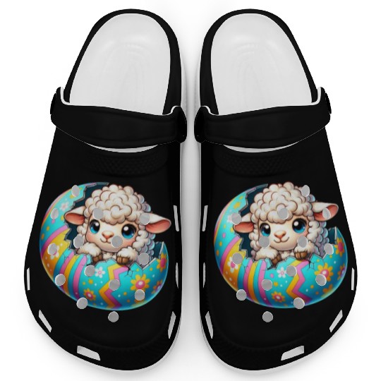 Colorful Lamb Hatching from Easter Egg Cartoon Clogs