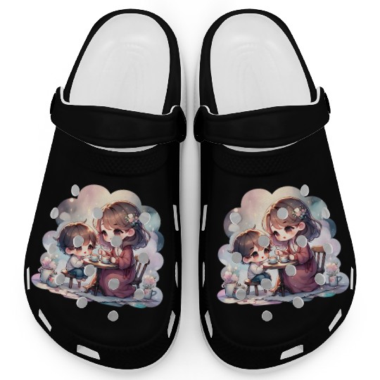 Mother and Son Enjoying a Cozy Tea Party Clogs