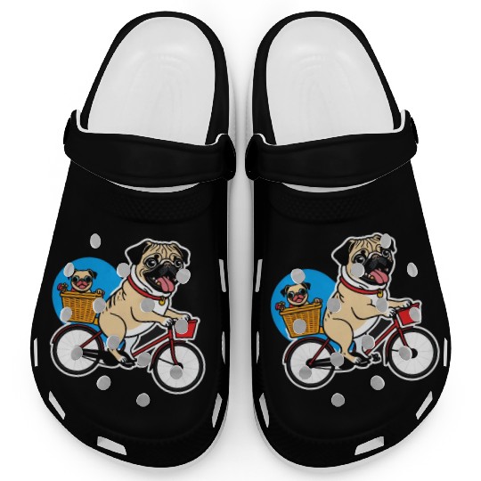 Comical Pug: Effortful Bike Ride Clogs