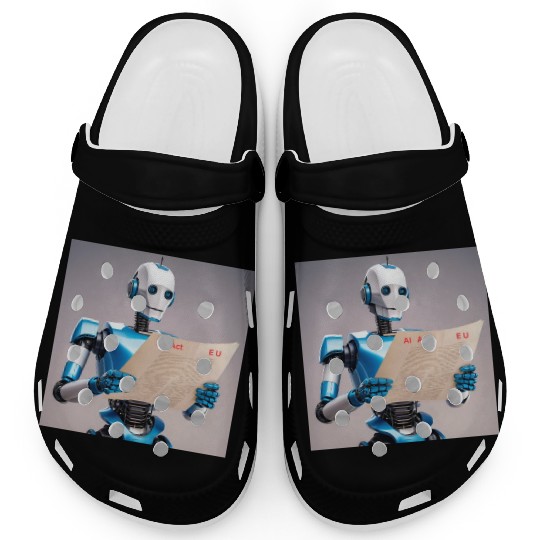 Robot Reading AI Act by EU Clogs