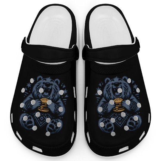 Cute Grizzly with Hamburger, Blue Clogs